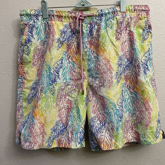 Peter Millar Men's Swim Trunks All Over Neon Palm Leaves Size Large Mesh FLAW - Picture 1 of 7